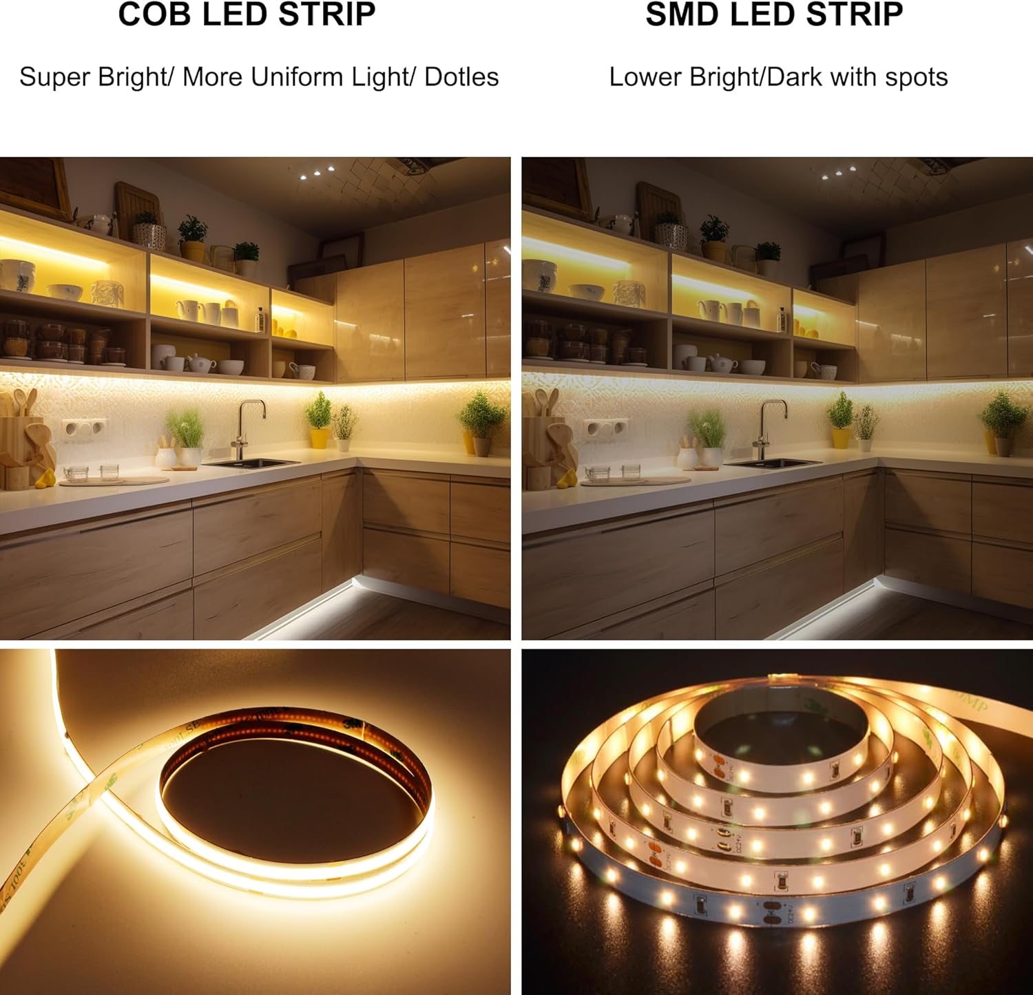 32.8ft COB LED Strip Light IP68 Waterproof 3000K Warm White 24V Dimmable High Density 6000LM+ LED Tape (No Power Supply)