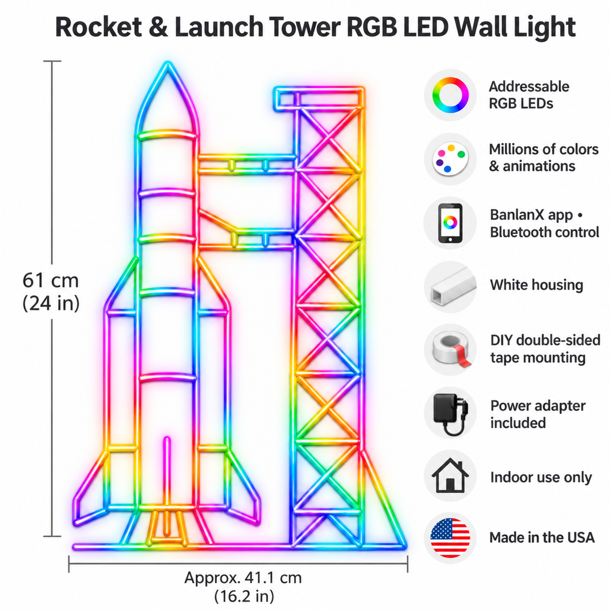 Rocket & Launch Tower RGB LED Wall Light — 24″