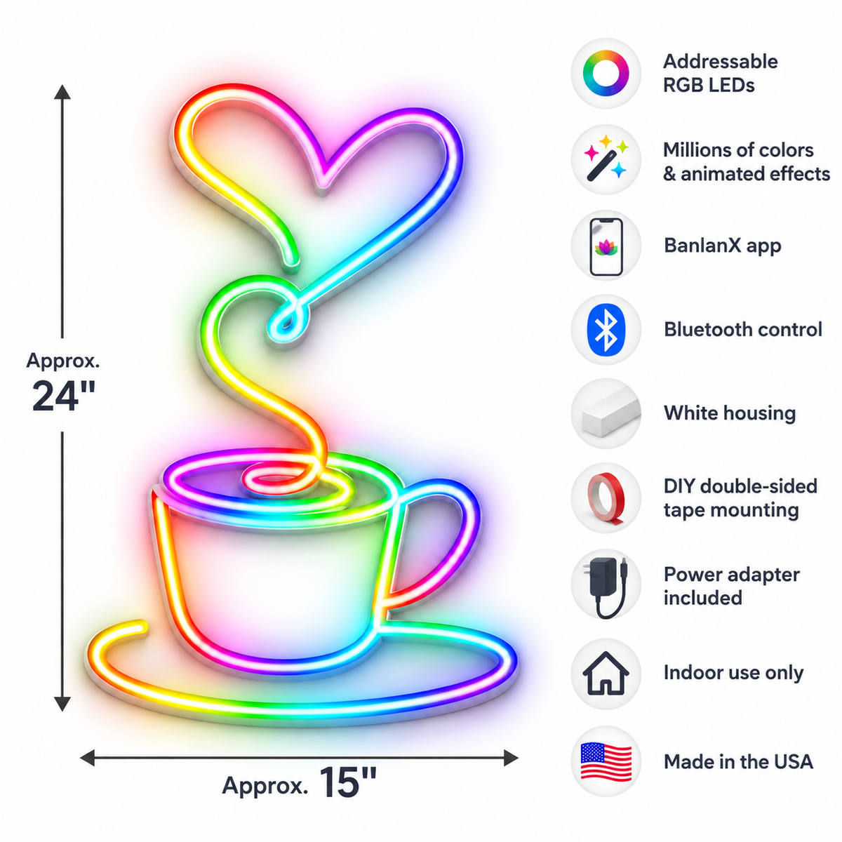 Coffee Cup with Heart Steam RGB LED Wall Light — 24″ Tall (Provisional)
