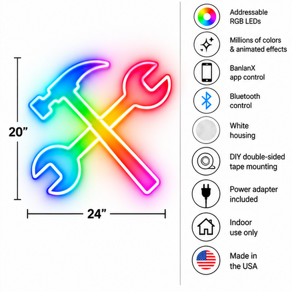 Crossed Hammer & Wrenches RGB LED Wall Light — 24″ Tall (Provisional)