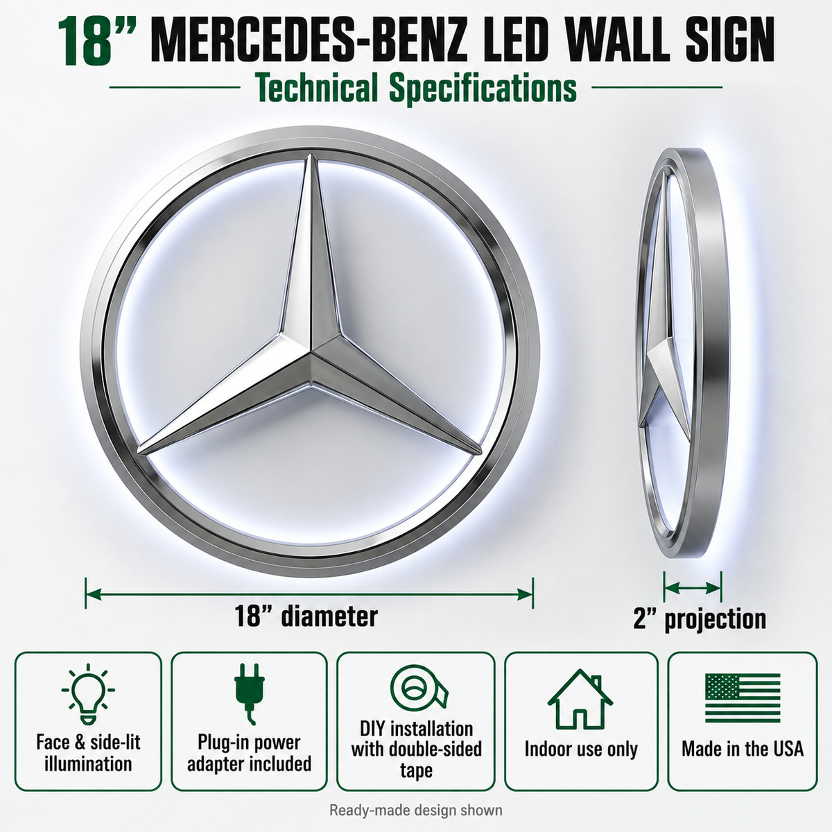 18″ Mercedes-Benz LED Wall Sign – Face & Side Lit