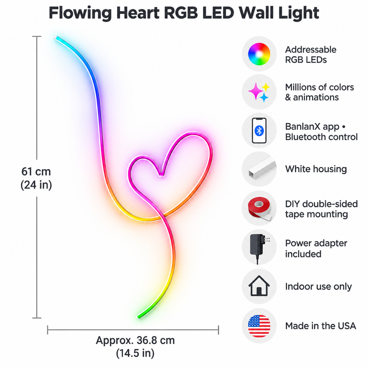 Flowing Heart RGB LED Wall Light — 24″ Tall
