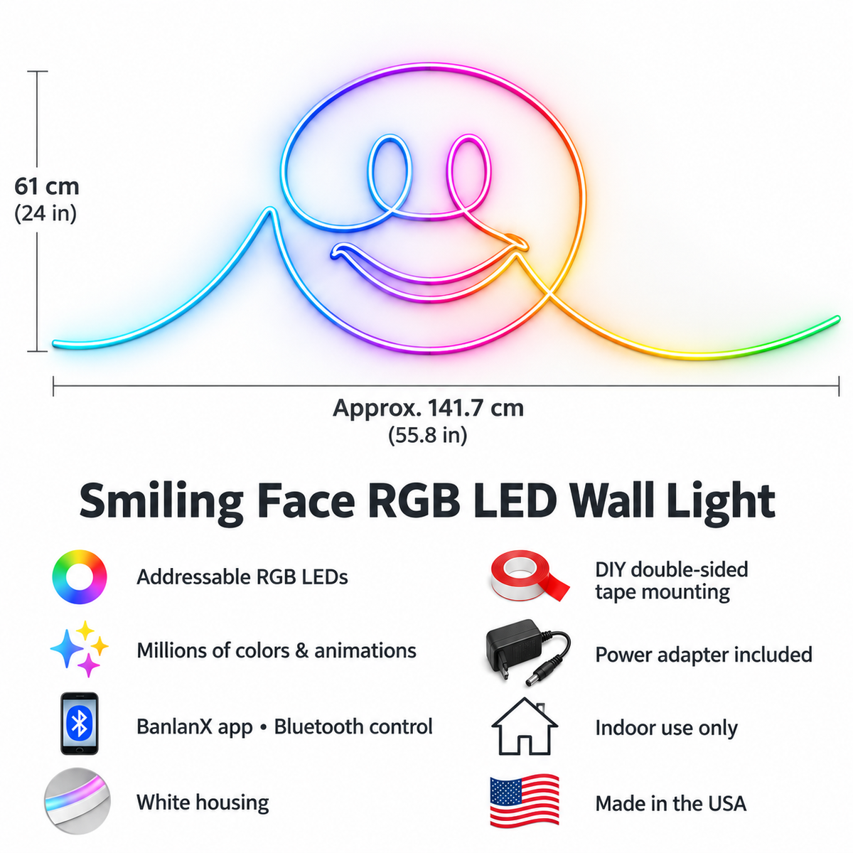 Flowing Smiley Face RGB LED Wall Light — Approx. 53.6″