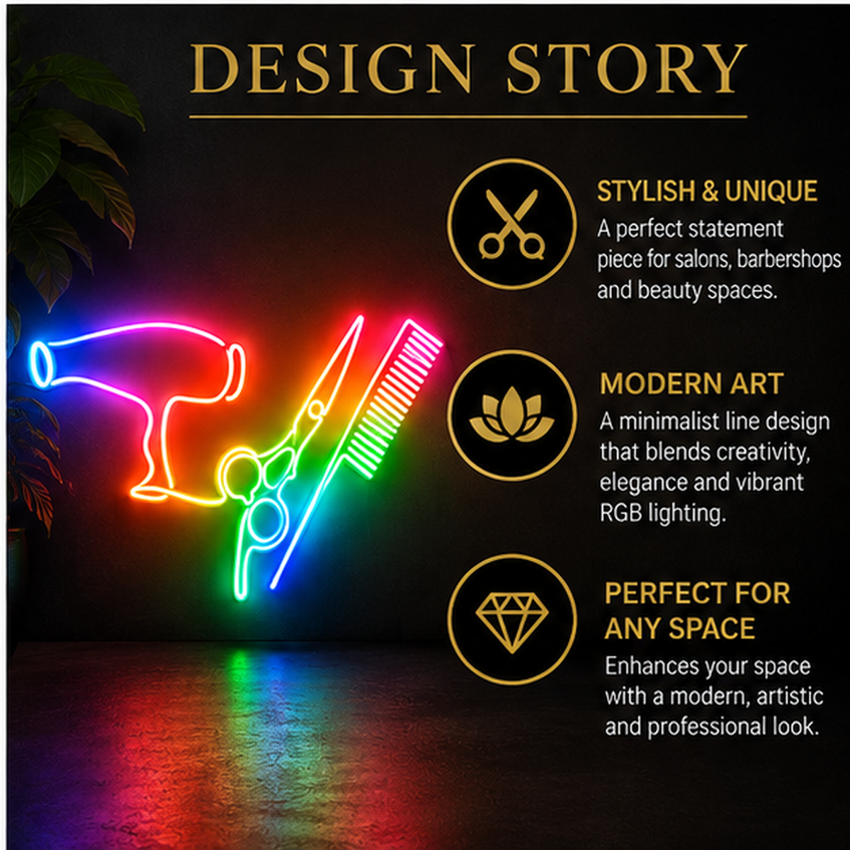 Hair Dryer, Scissors & Comb RGB LED Wall Light — 24″ Wide