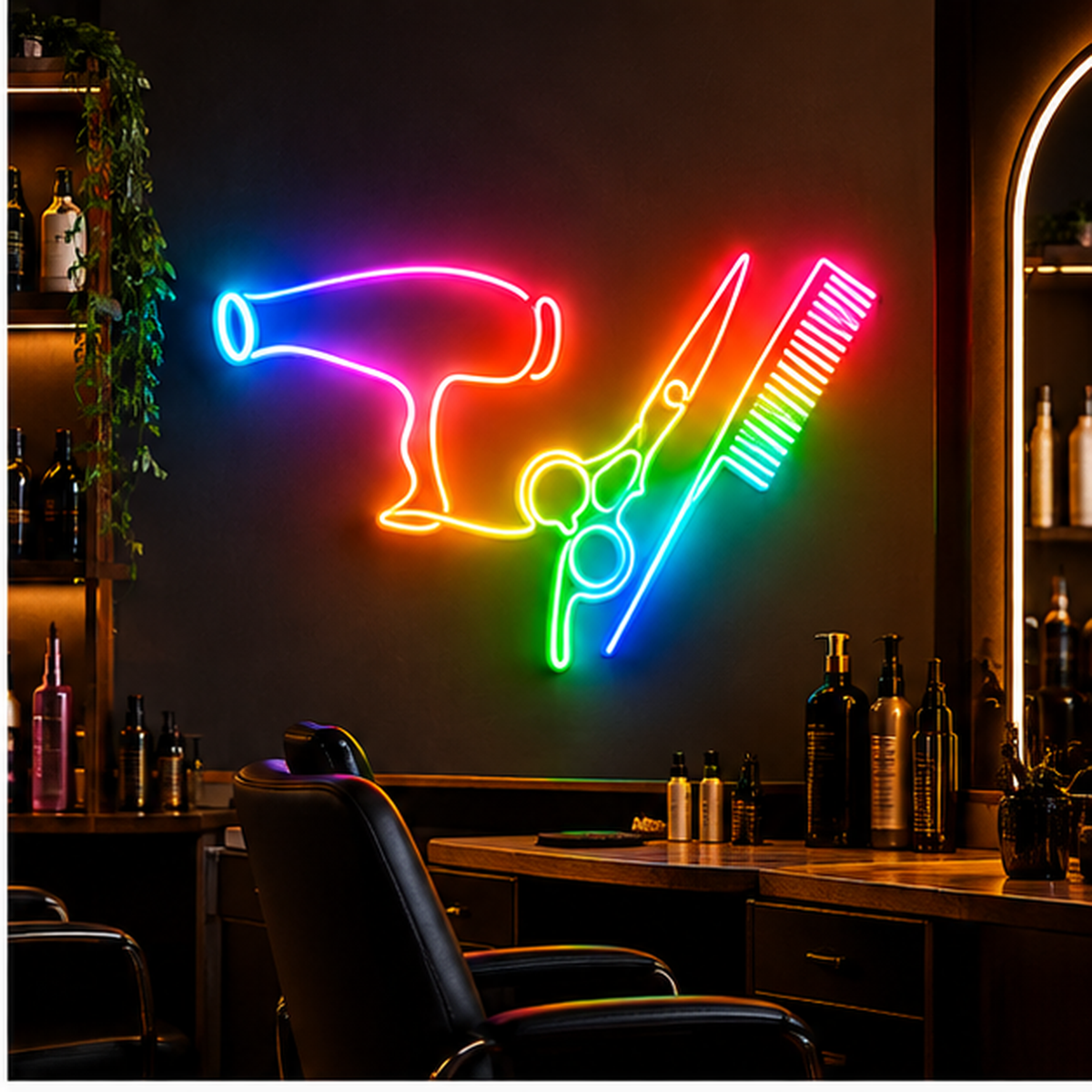 Hair Dryer, Scissors & Comb RGB LED Wall Light — 24″ Wide