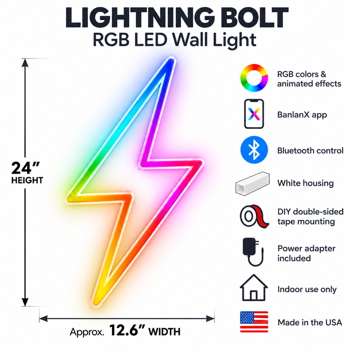 Hollow Lightning Bolt RGB LED Wall Light — 24″
