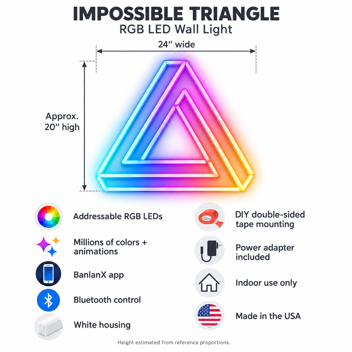 Impossible triangle RGB wall light specifications showing 24-inch width, approximate 20-inch height, BanlanX Bluetooth control, and mounting features.