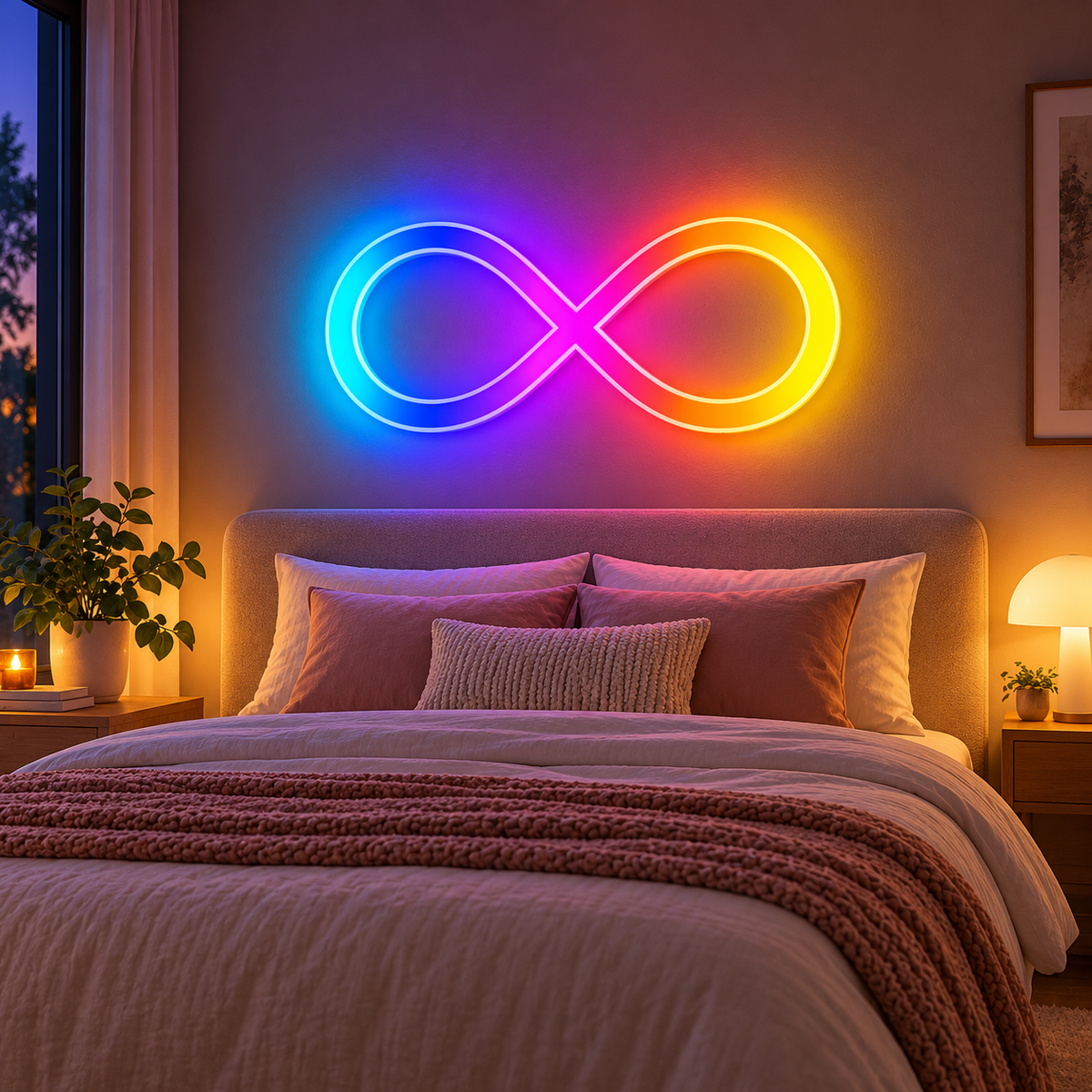 Infinity RGB LED wall light with two open loops, a multicolor illuminated ribbon, and thin white housing on a white background.