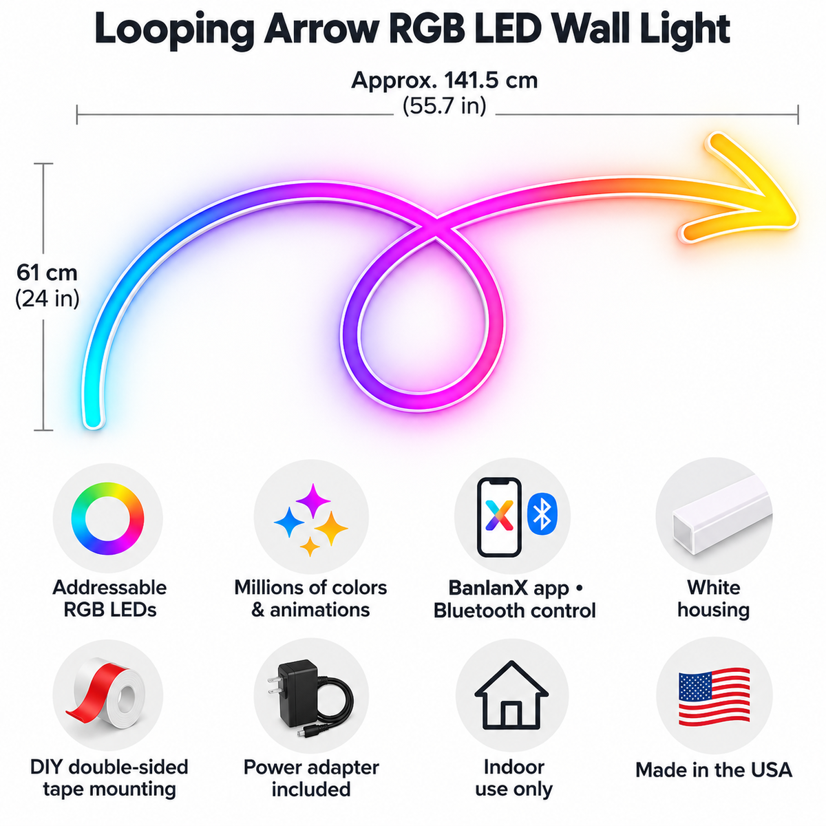 Looping Arrow RGB LED Wall Light — Approx. 61.5″