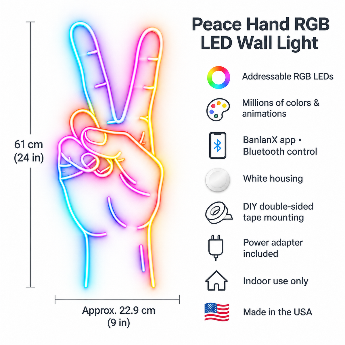 Peace Hand RGB LED Wall Light — 24″