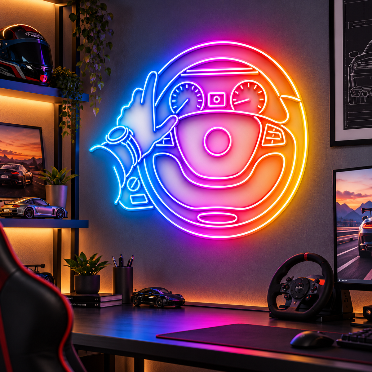 Steering Wheel & Driver Hand RGB LED Wall Light — 24″ Wide
