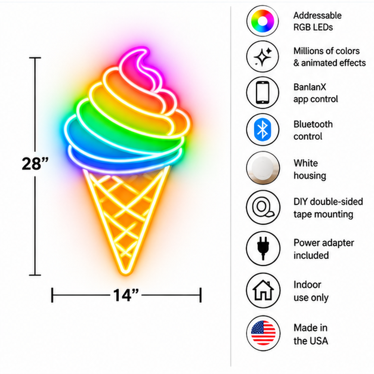 Swirled Ice Cream Cone RGB LED Wall Light — 24″ Tall
