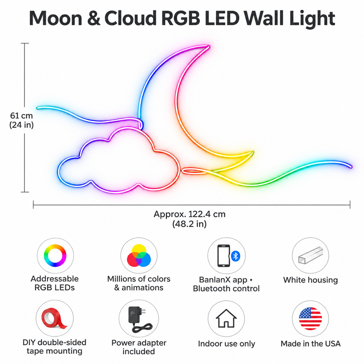Wispy Moon & Cloud RGB LED Wall Light — Approx. 52.2″