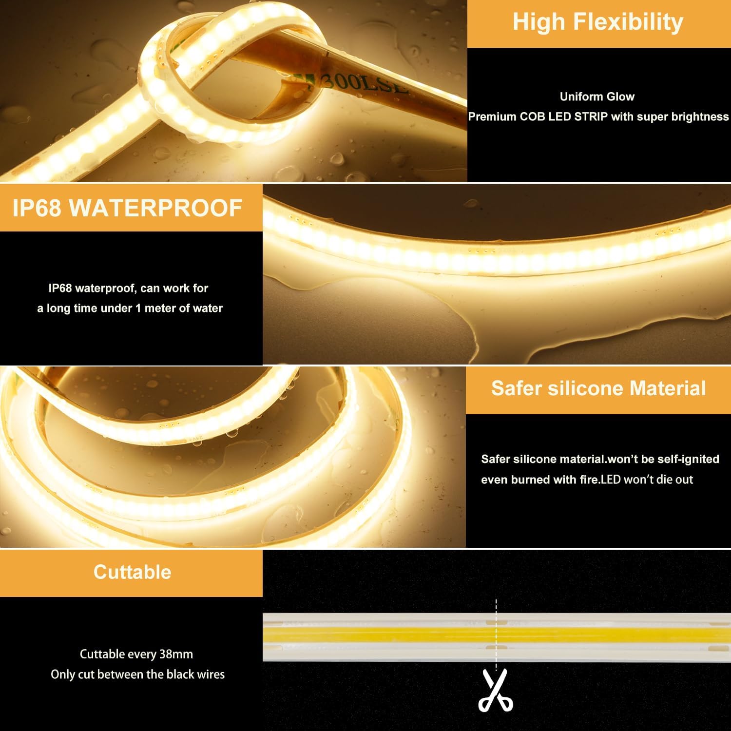 32.8ft COB LED Strip Light IP68 Waterproof 3000K Warm White 24V Dimmable High Density 6000LM+ LED Tape (No Power Supply)