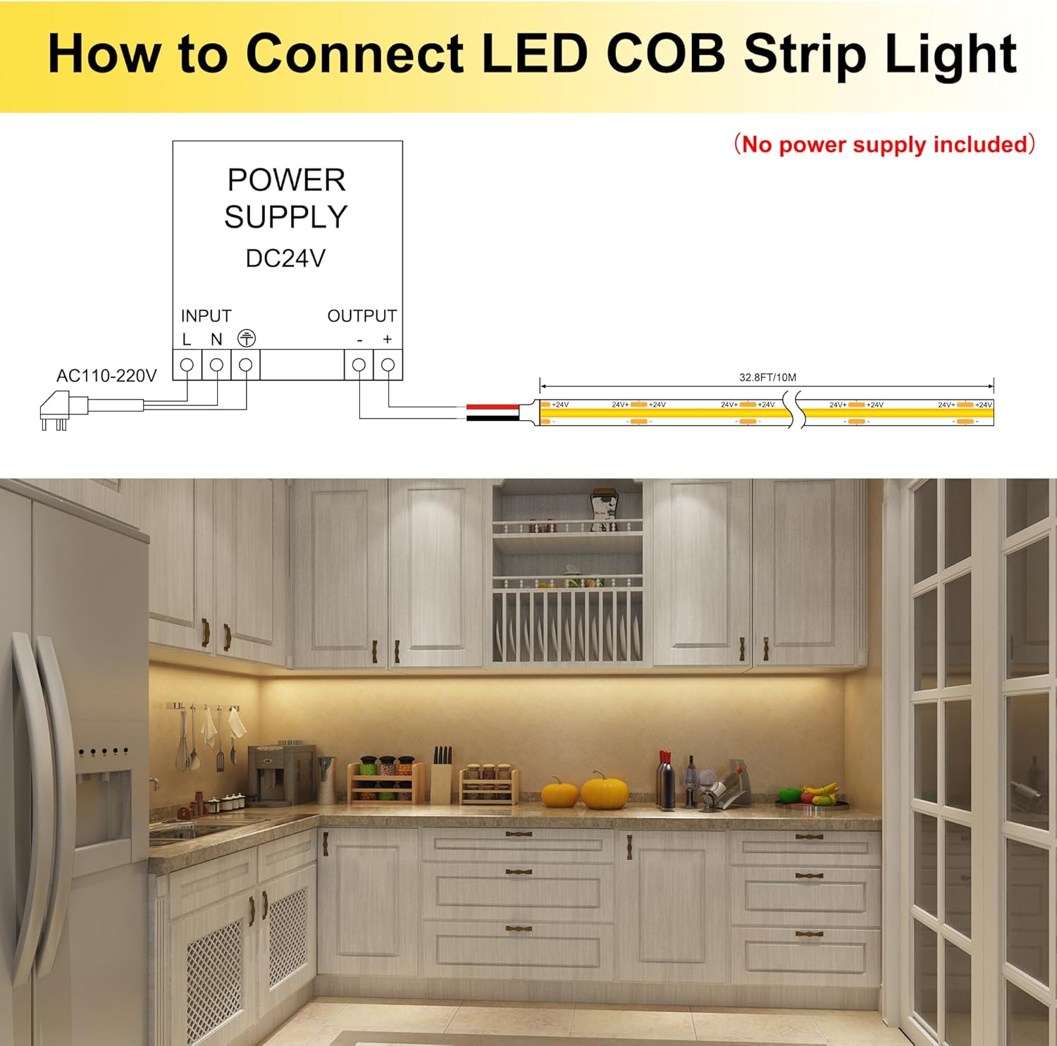 32.8ft COB LED Strip Light IP68 Waterproof 3000K Warm White 24V Dimmable High Density 6000LM+ LED Tape (No Power Supply)