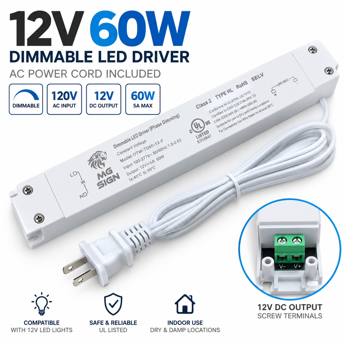12V 60W Dimmable LED Driver with AC Power Cord – LED Power Supply