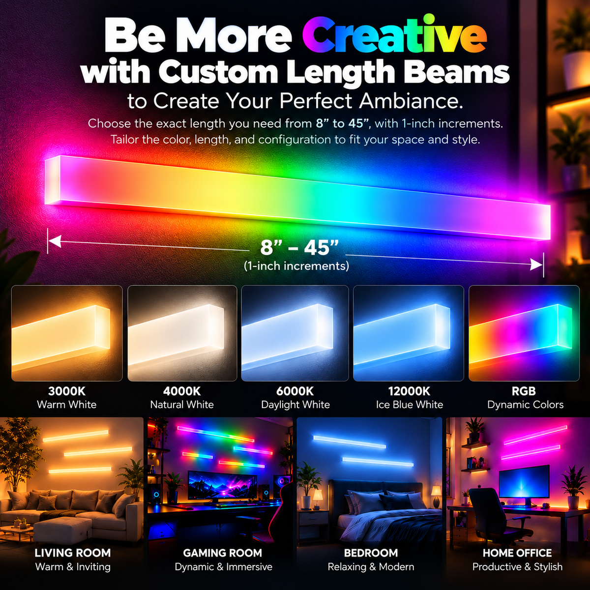 Premium LED Beam Wall Light – RGB & White | Custom Length 8″–45″