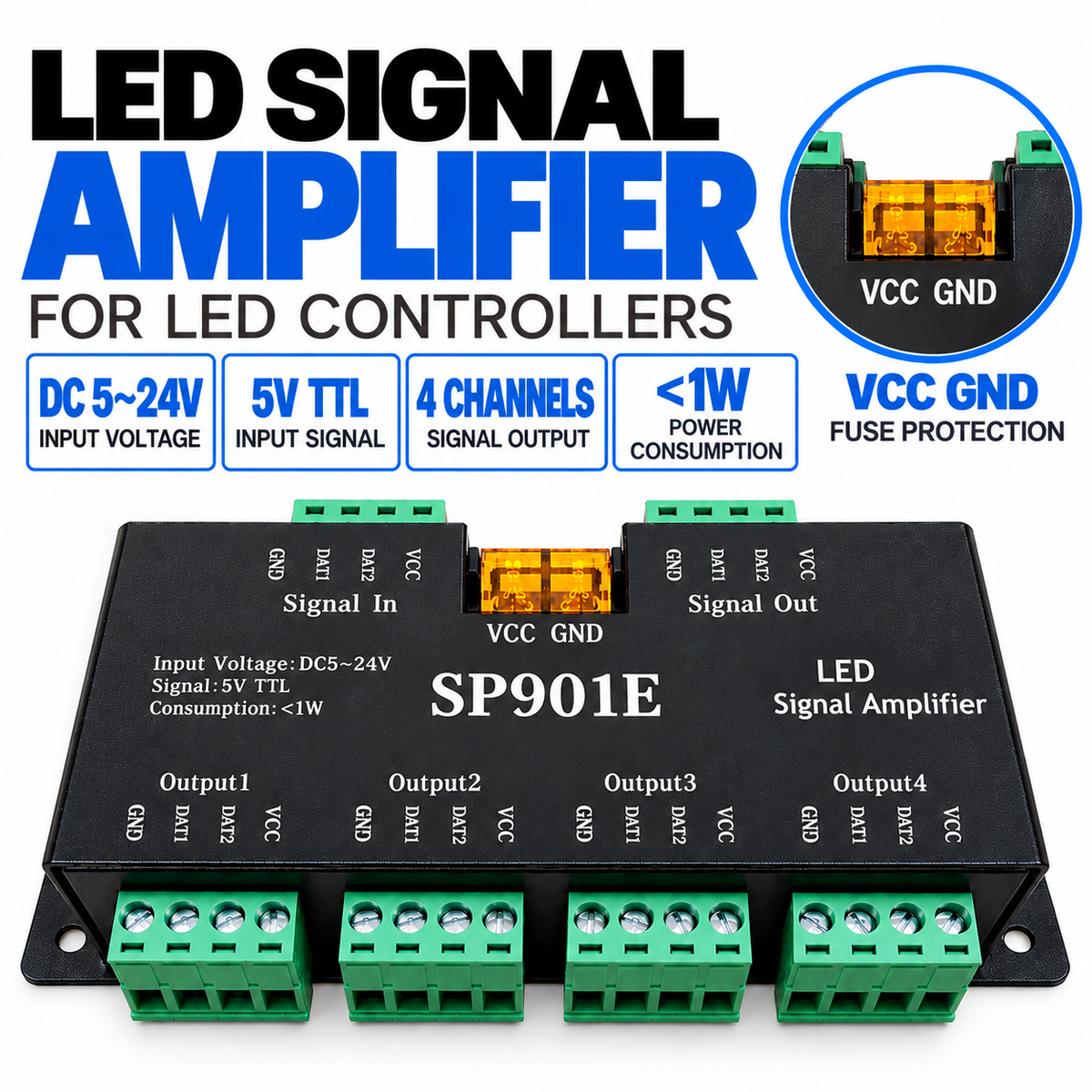 LED Signal Amplifier – 4-Channel 5V–24V Controller Signal Repeater