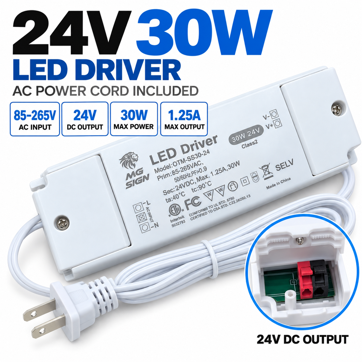 24V 30W LED Driver with AC Power Cord – MG Sign