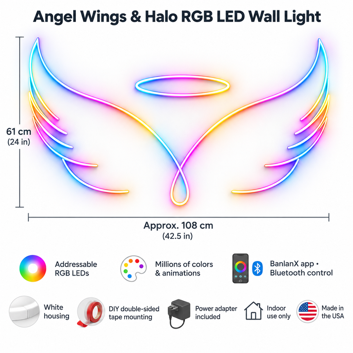 Angel Wings & Halo RGB LED Wall Light — Approx. 40.4″