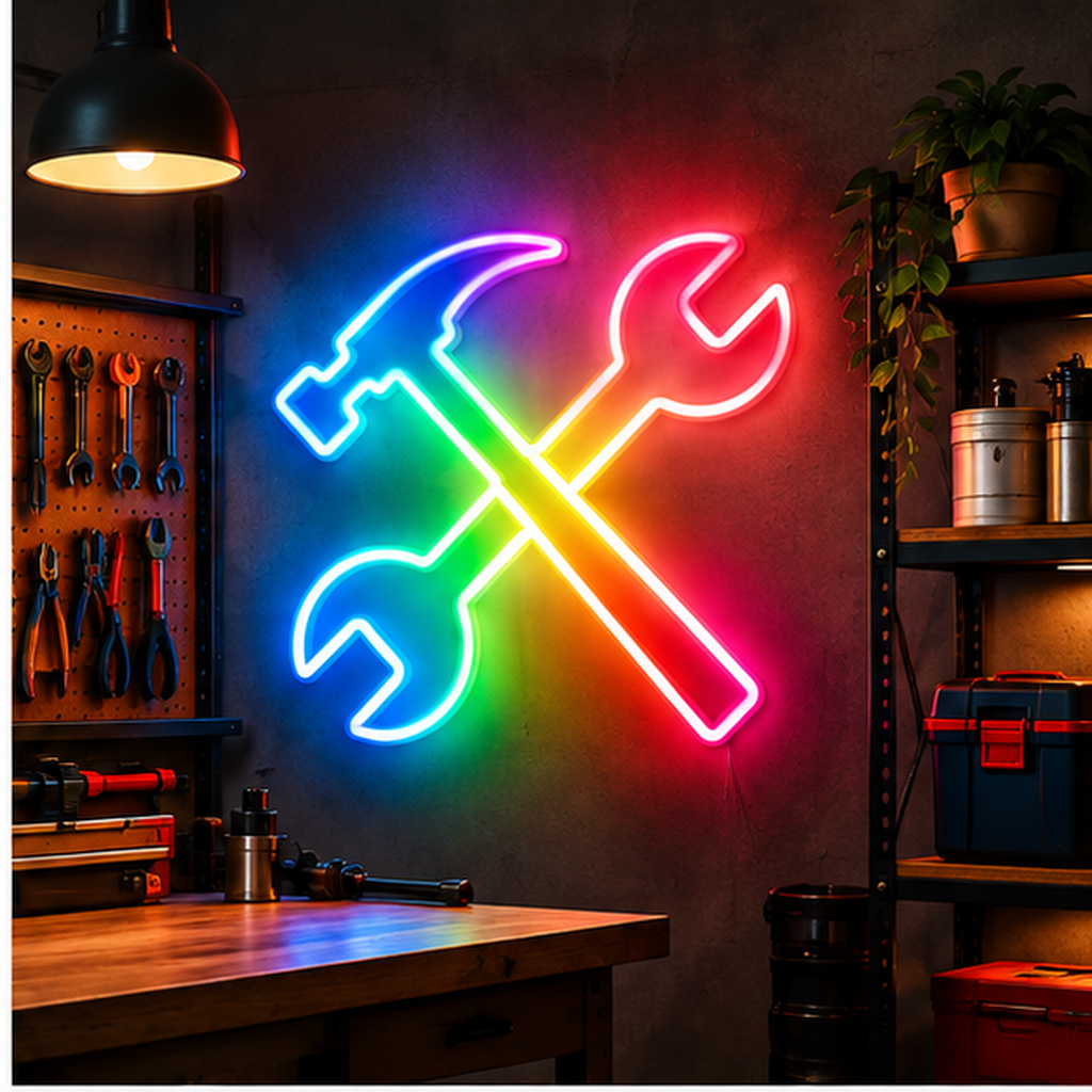 Crossed Hammer & Wrenches RGB LED Wall Light — 24″ Tall (Provisional)