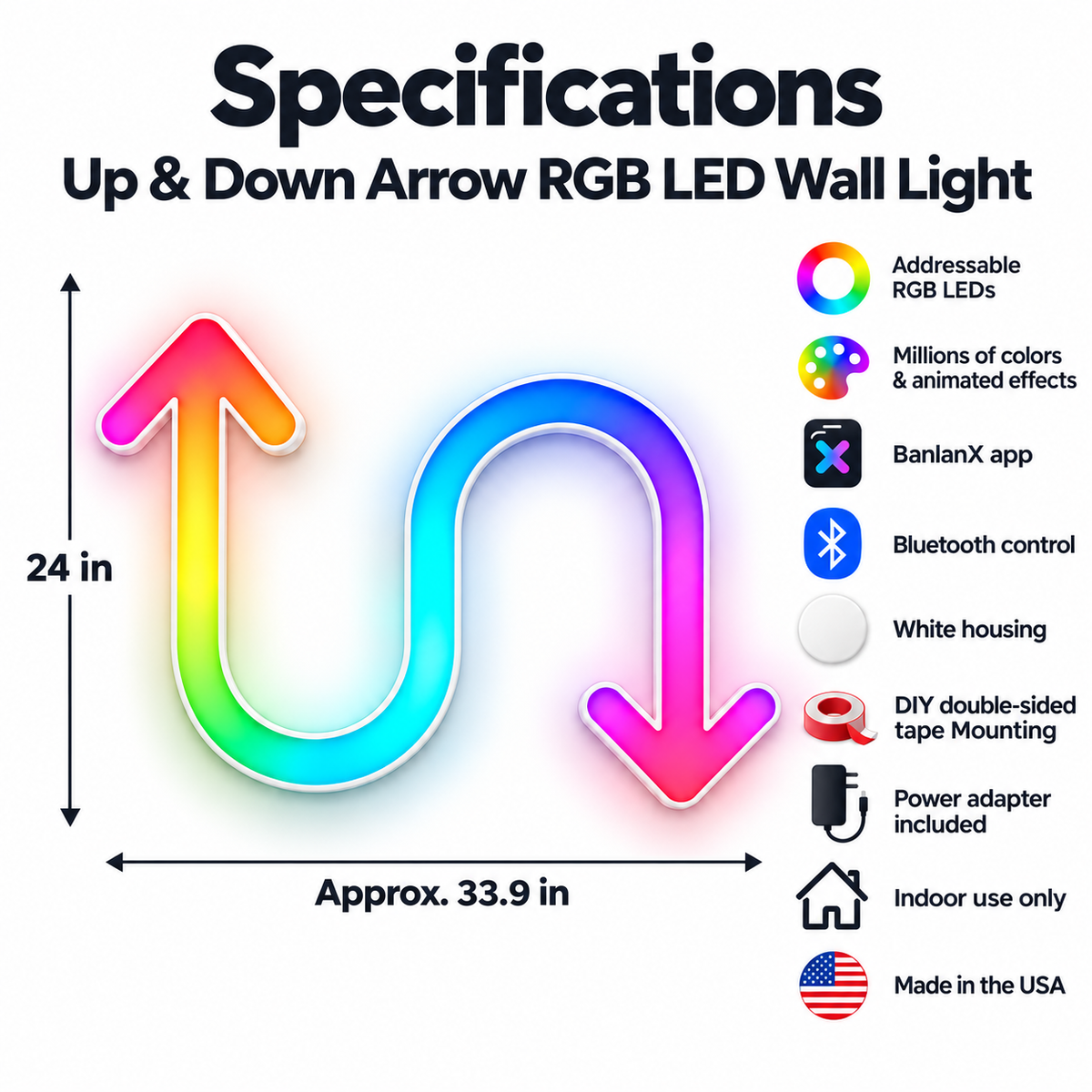 Curved Up & Down Arrows RGB LED Wall Light — 24″ Tall (Provisional)