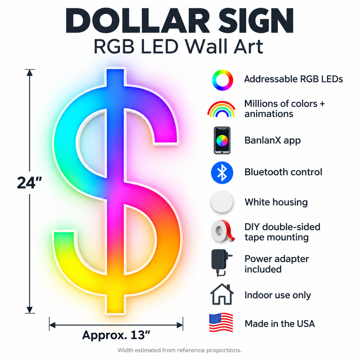 Dollar Sign RGB LED Wall Art — 24″