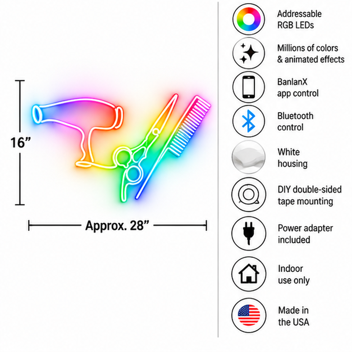 Hair Dryer, Scissors & Comb RGB LED Wall Light — 24″ Wide