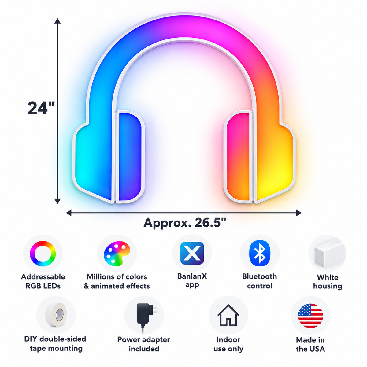 Headphones RGB LED Wall Light — 24″ Wide (Provisional)