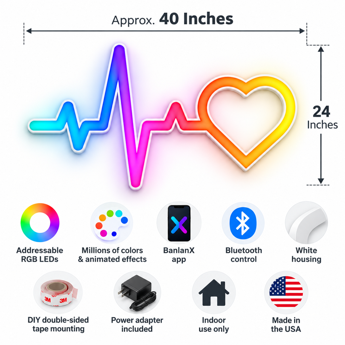 Heartbeat with Heart RGB LED Wall Light — 24″ Wide (Provisional)