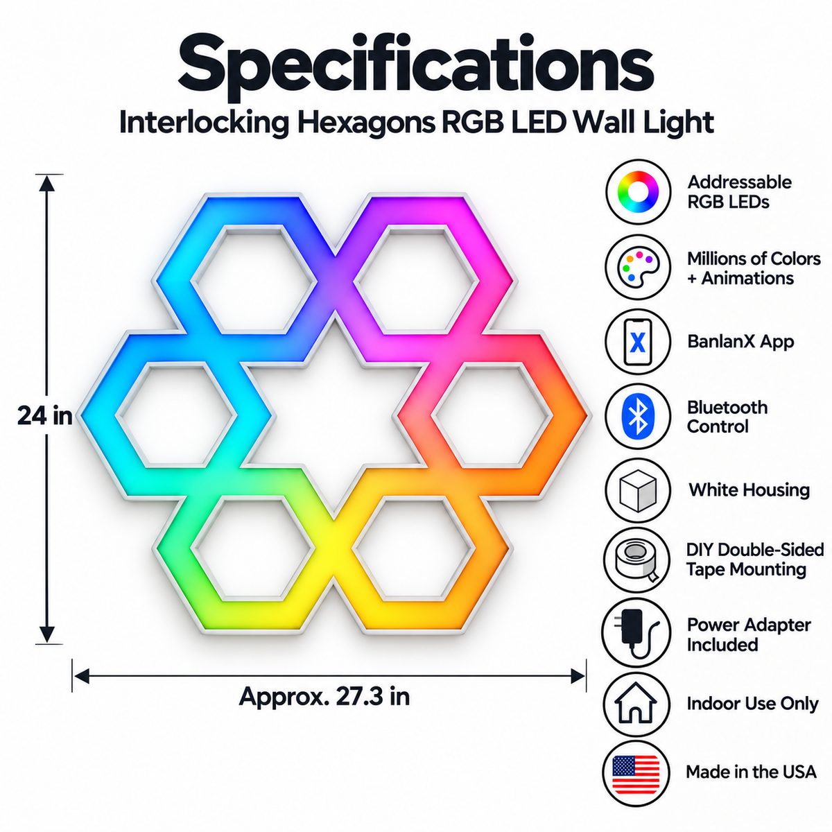 Interlocking Hexagons RGB LED Wall Light — 24″ Tall