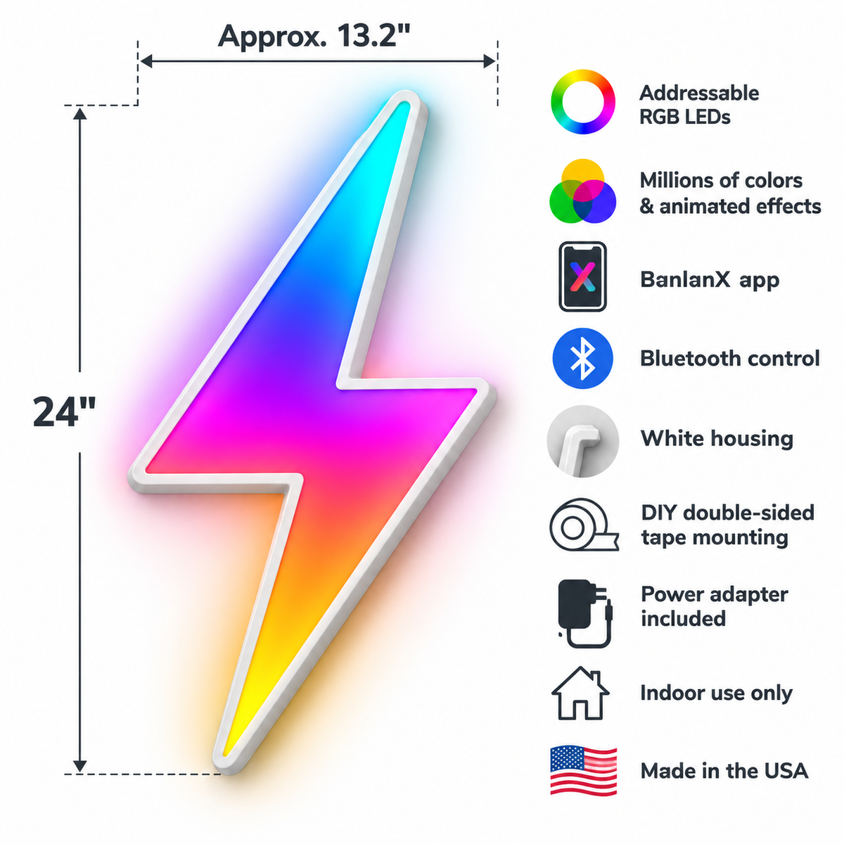 Lightning Bolt RGB LED Wall Light — 24″ Tall (Provisional)