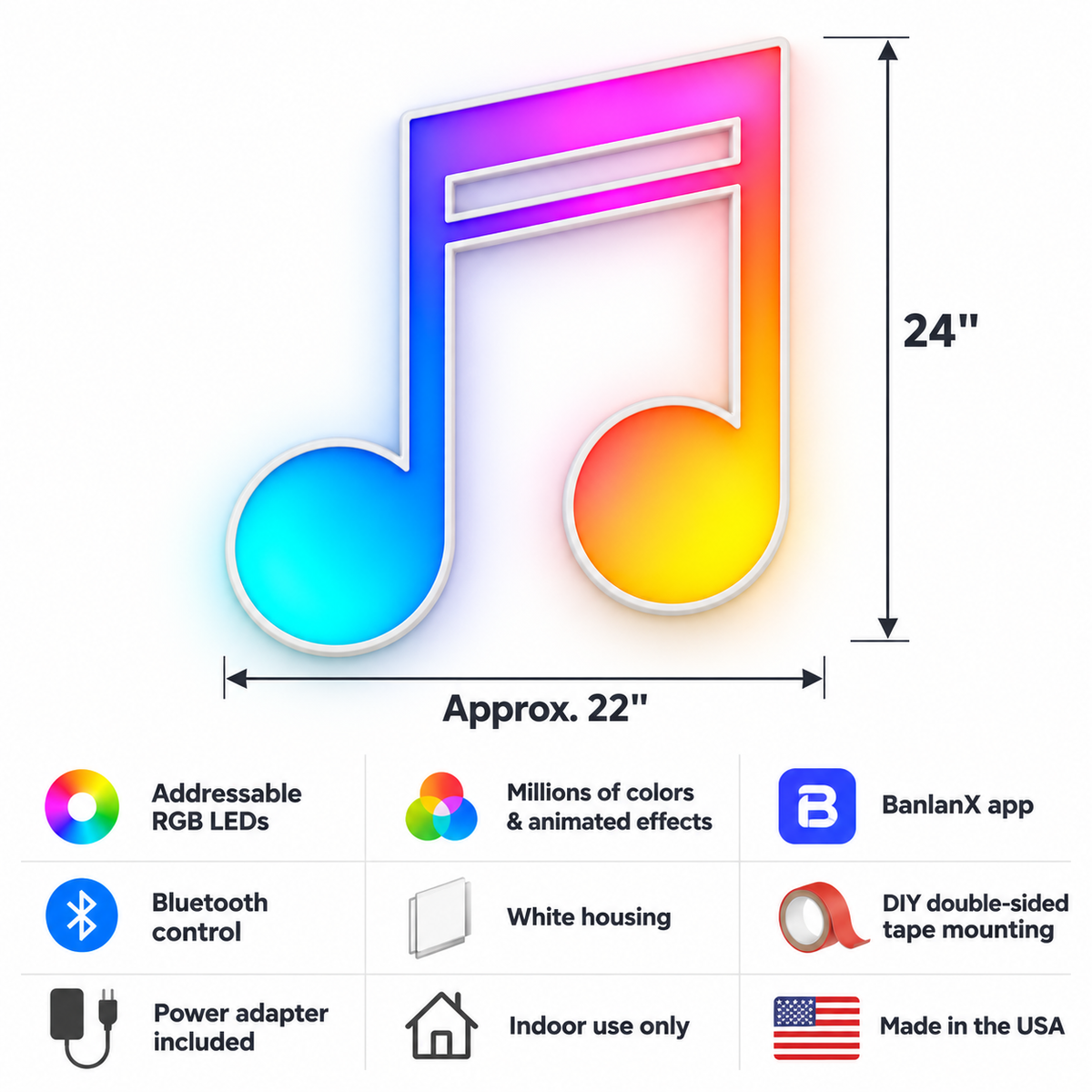 Musical Notes RGB LED Wall Light — 24″ Tall (Provisional)