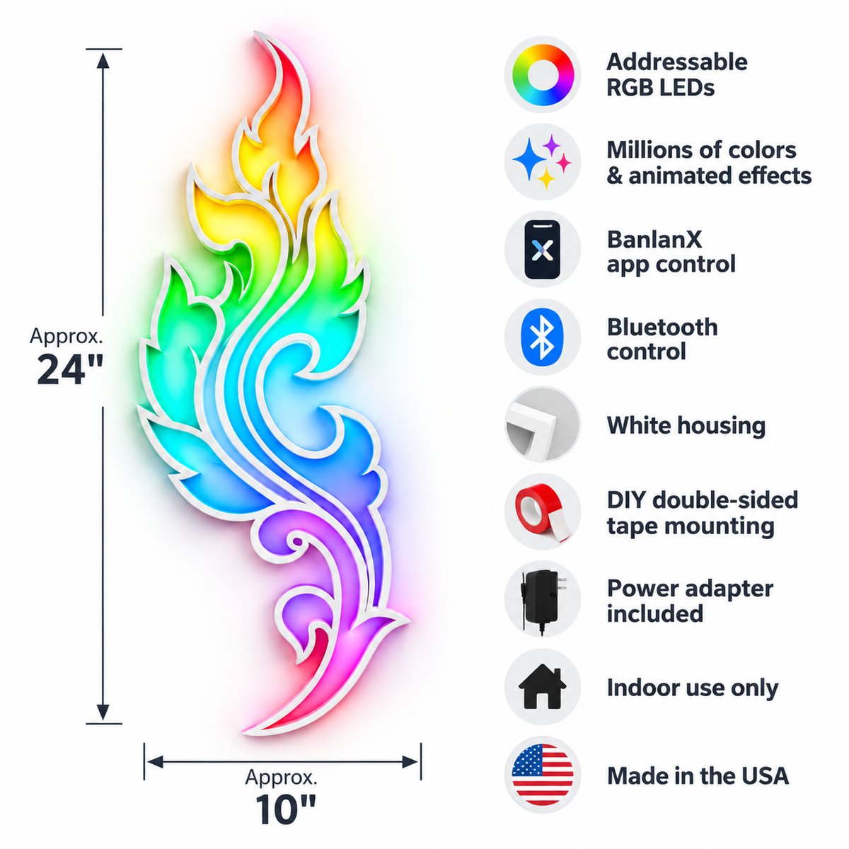 Ornamental Flame RGB LED Wall Art — 24″ Tall