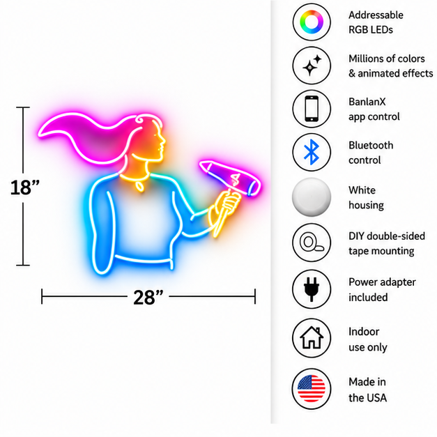 Hairstylist with Hair Dryer RGB LED Wall Light — 24″ Tall