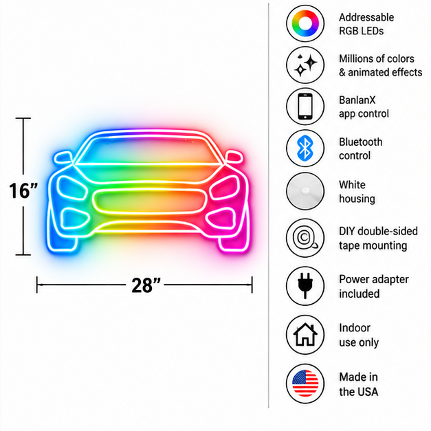 Sports Car Front View RGB LED Wall Lights — 24″ Wide